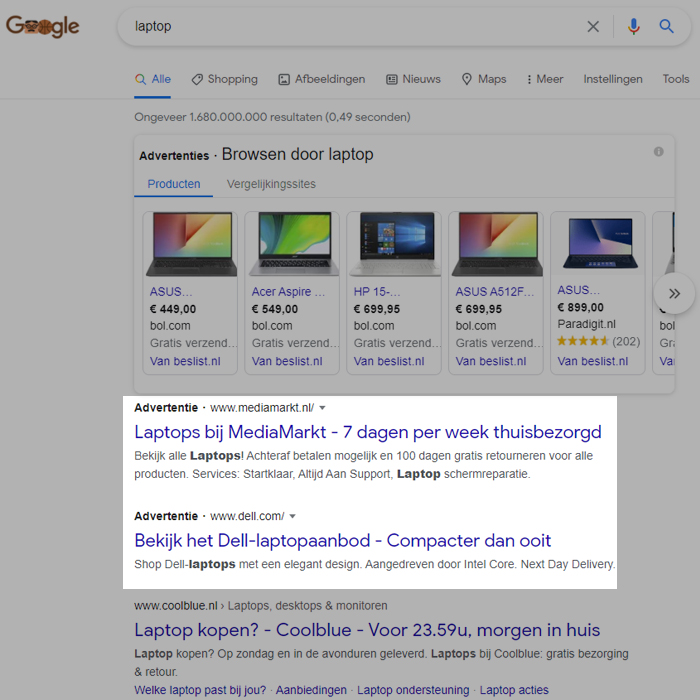 Advertenties boven zoekresultaten Google