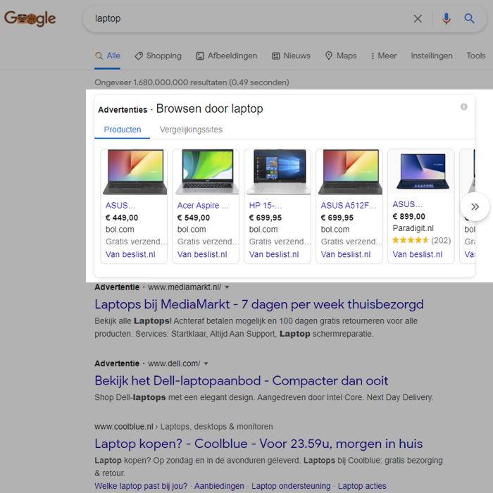 Google Shopping resultaten voor laptop