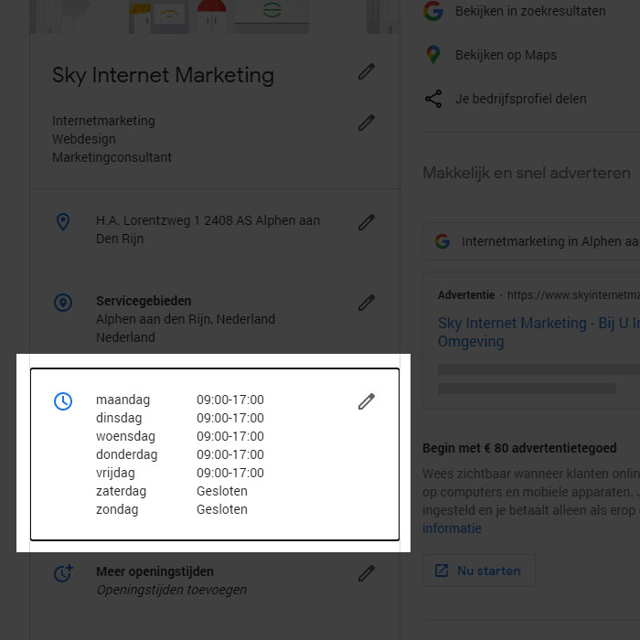 Openingstijden Google Mijn Bedrijf