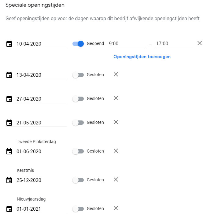 Speciale openingstijden Google Mijn Bedrijf