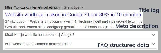 Zoekresultaten in Google met FAQ opmaak